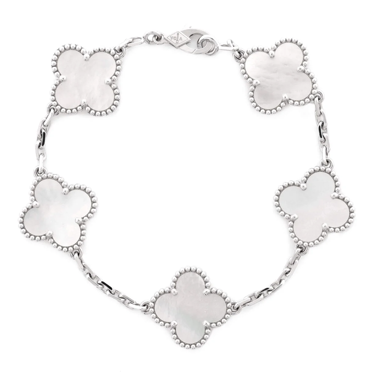 Vintage Alhambra 5 Motifs Bracelet 18K White Gold and Mother of Pearl - Deep Luxury