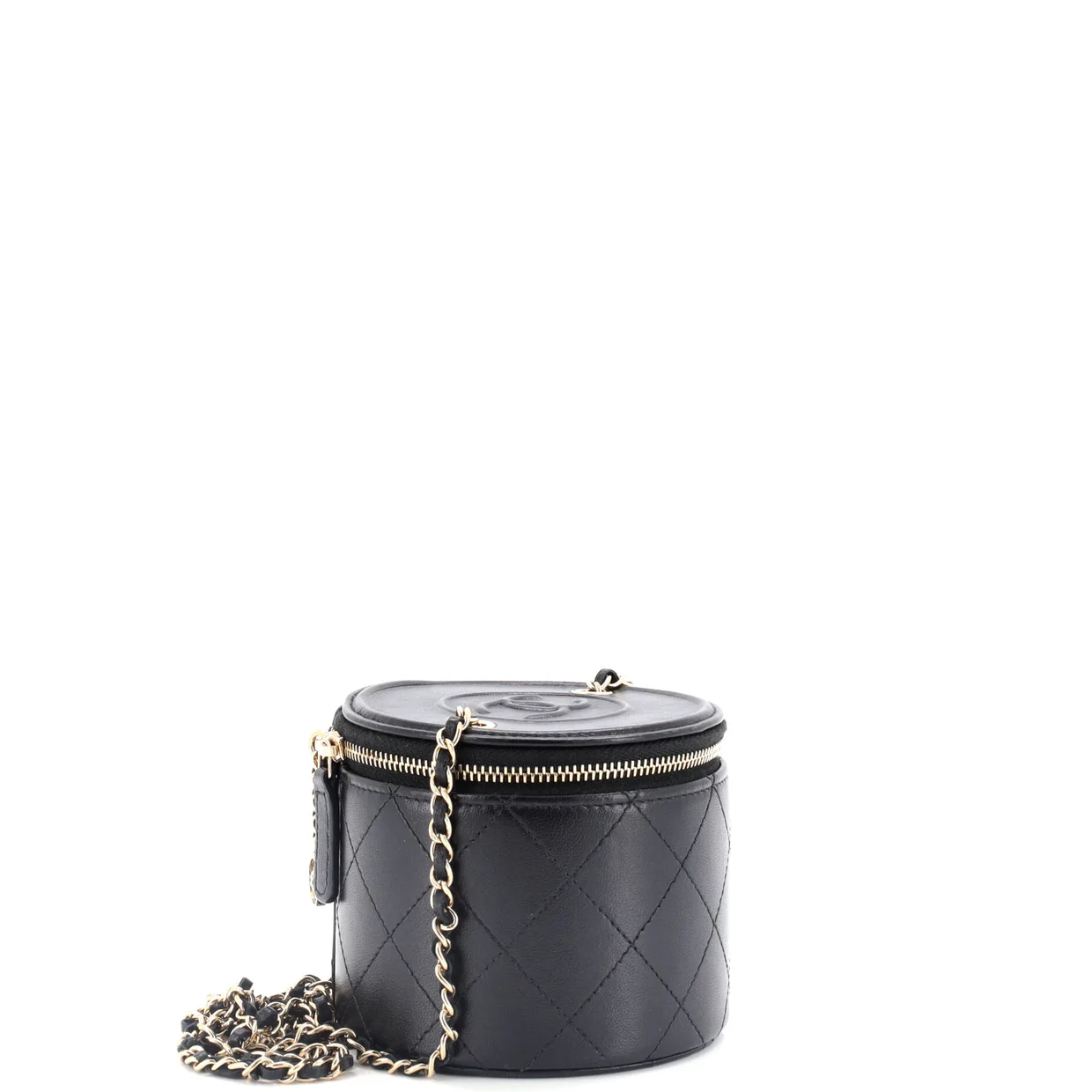 CC Round Vanity Case with Chain Quilted Lambskin Mini - Deep Luxury