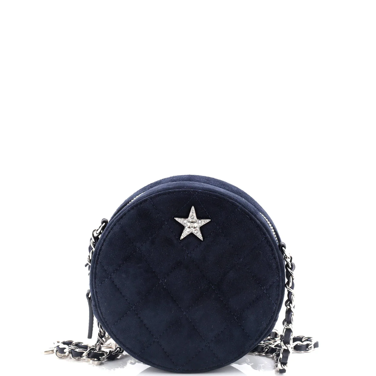 Star Round Clutch with Chain Quilted Suede with Crystal Embellished Charms - Deep Luxury