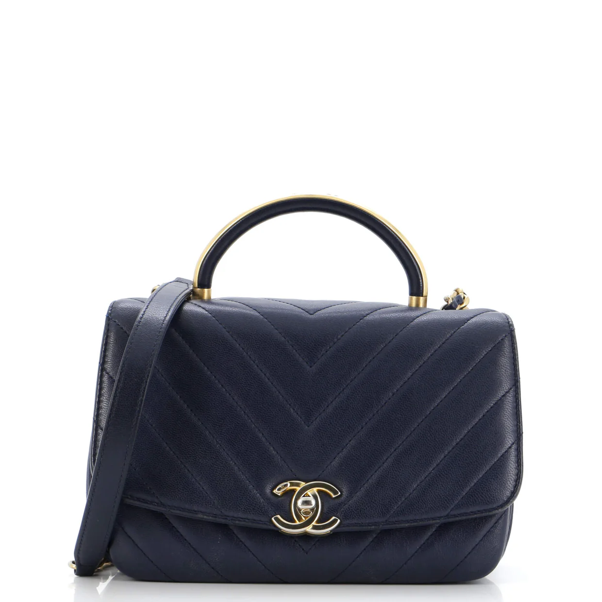 CC Metal Top Handle Flap Bag Chevron Lambskin Small - Deep Luxury