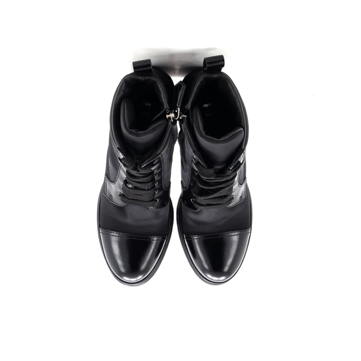 Women's Triangle Logo Heeled Ankle Boots Nylon and Leather - Deep Luxury
