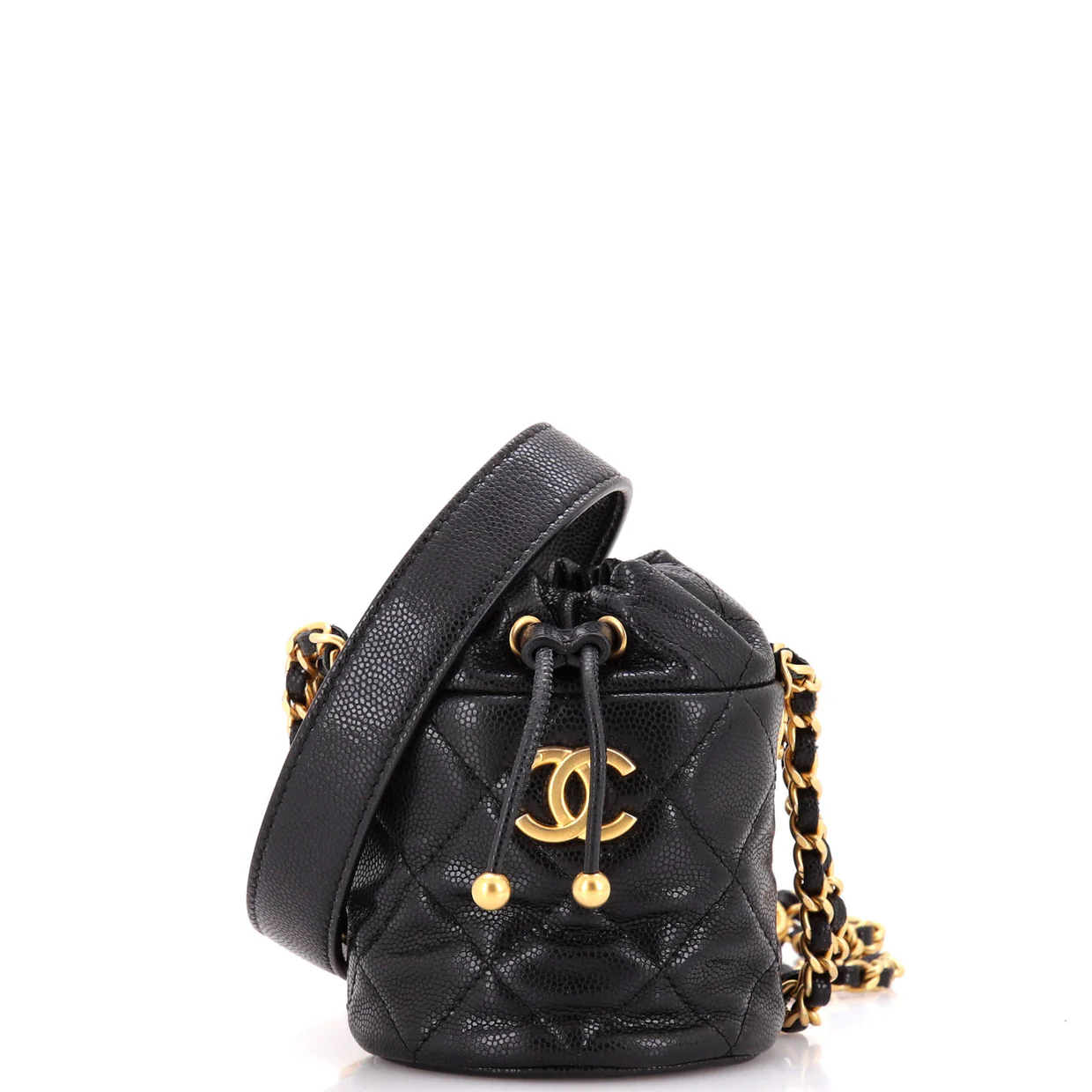 Twist Your Buttons Drawstring Bucket Bag Quilted Caviar Mini - Deep Luxury