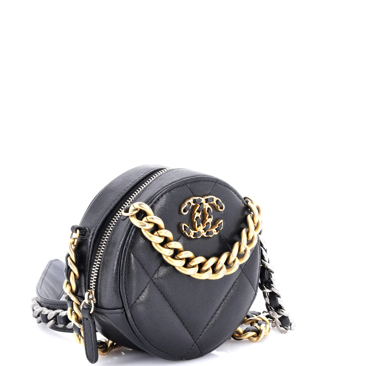 19 Round Clutch with Chain Quilted Leather - Deep Luxury
