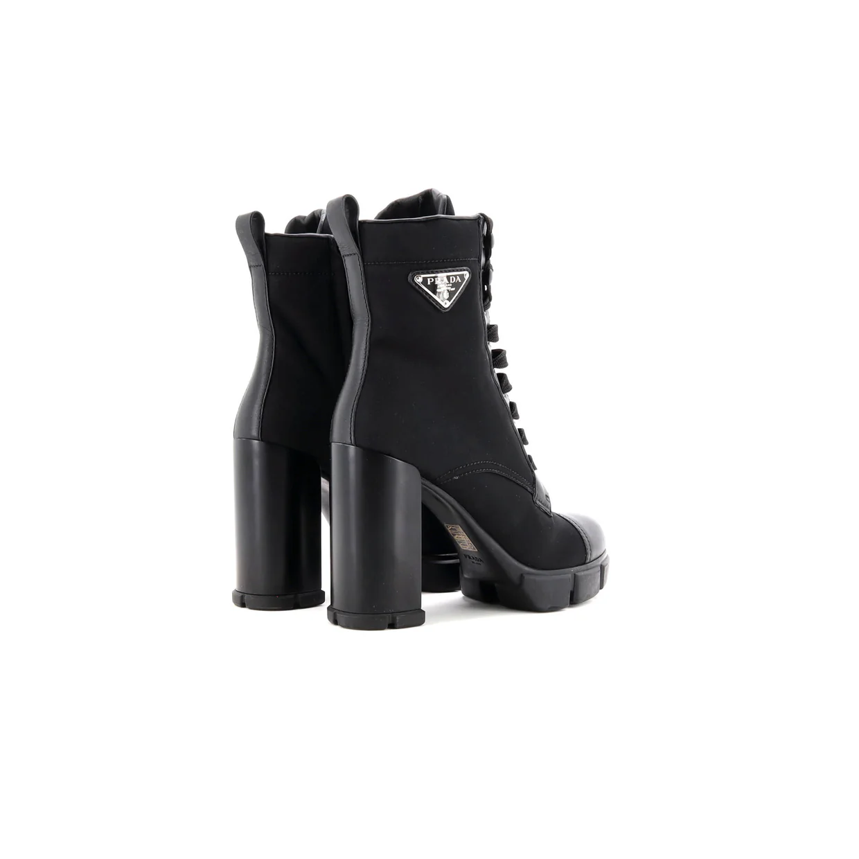 Women's Triangle Logo Heeled Ankle Boots Nylon and Leather - Deep Luxury