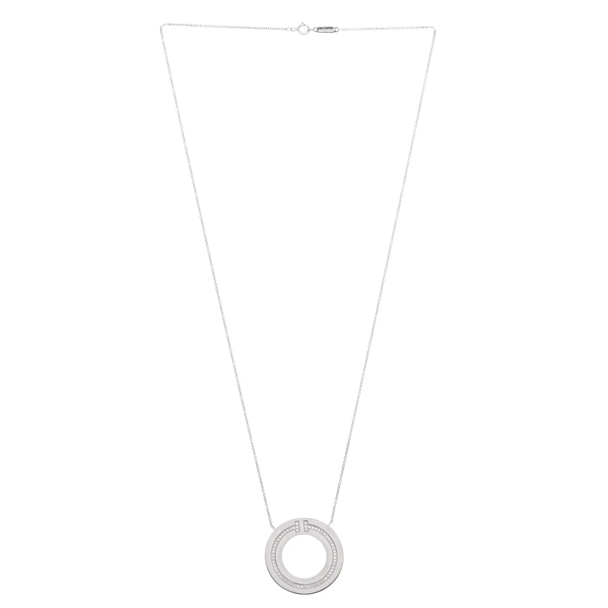 T Circle Pendant Necklace 18K White Gold with Diamonds Large - Deep Luxury