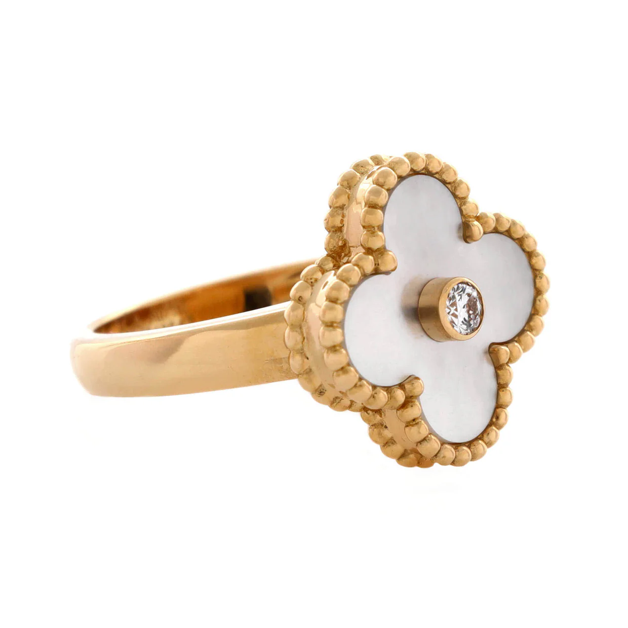 Vintage Alhambra Ring 18K Yellow Gold with Mother of Pearl and Diamond - Deep Luxury