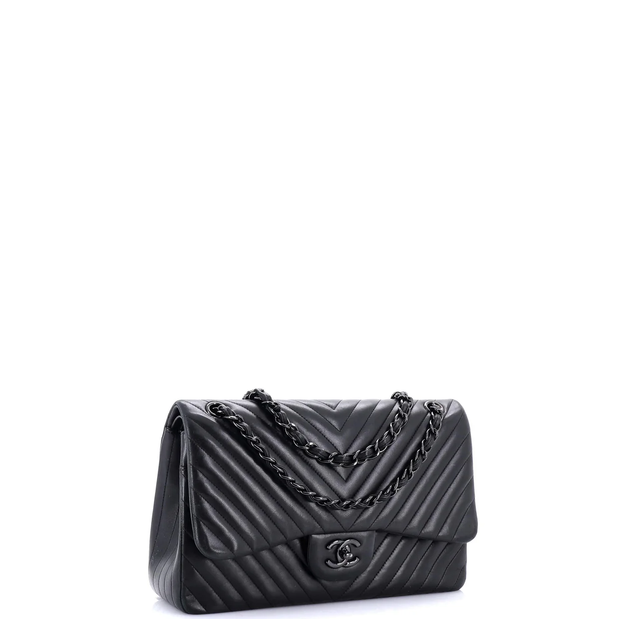 So Black Classic Double Flap Bag Chevron Lambskin Jumbo - Deep Luxury