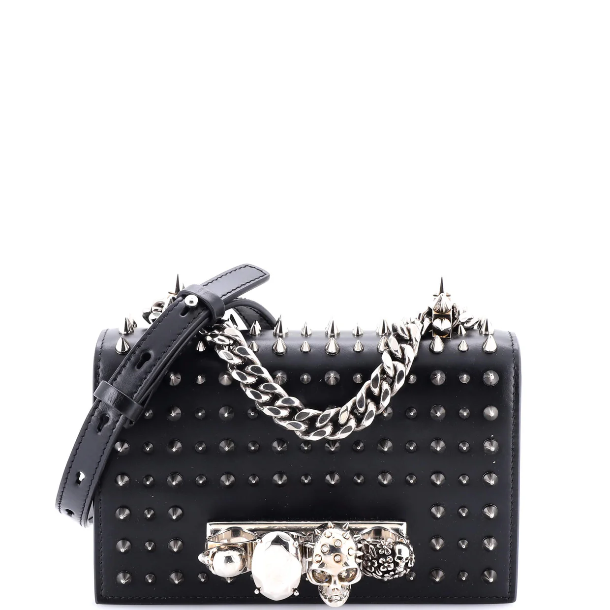 Jewelled Flap Satchel Studded Leather Small - Deep Luxury