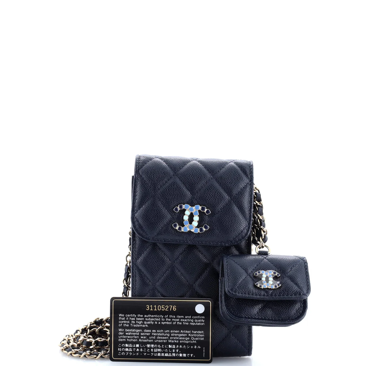 Crystal CC Flap Phone Holder Crossbody Bag with AirPods Pro Case Quilted Caviar - Deep Luxury