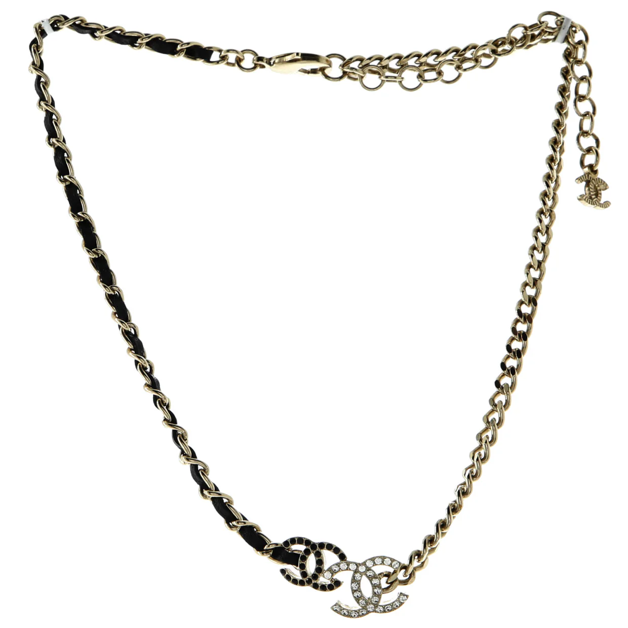 Double CC Chain Choker Necklace Metal with Leather and Crystals - Deep Luxury