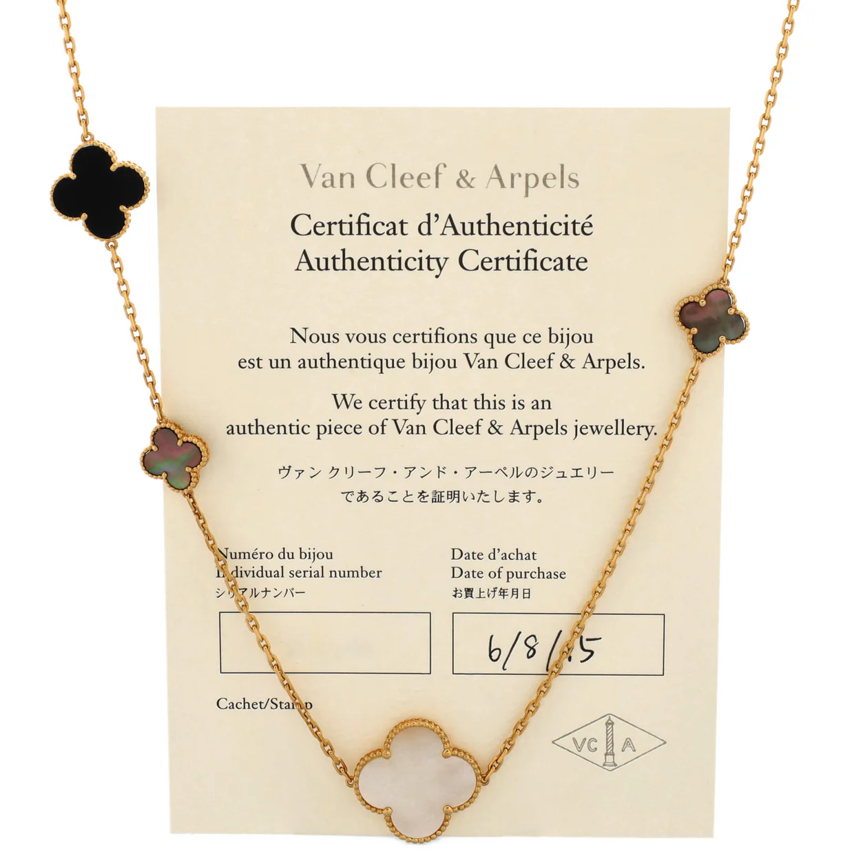 Magic Alhambra 16 Motifs Long Necklace 18K Yellow Gold with Mother of Pearl and Onyx - Deep Luxury