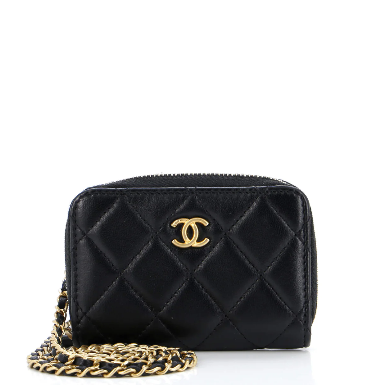 Pearl Crush Zip Around Card Holder on Chain Quilted Lambskin - Deep Luxury
