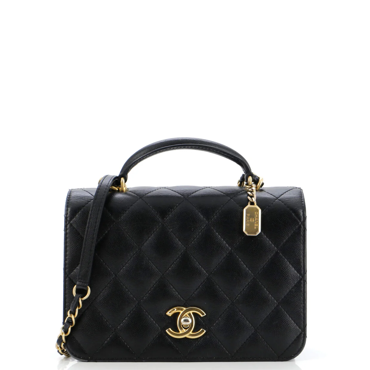CC Top Handle Chain Full Flap Bag Quilted Caviar Small - Deep Luxury