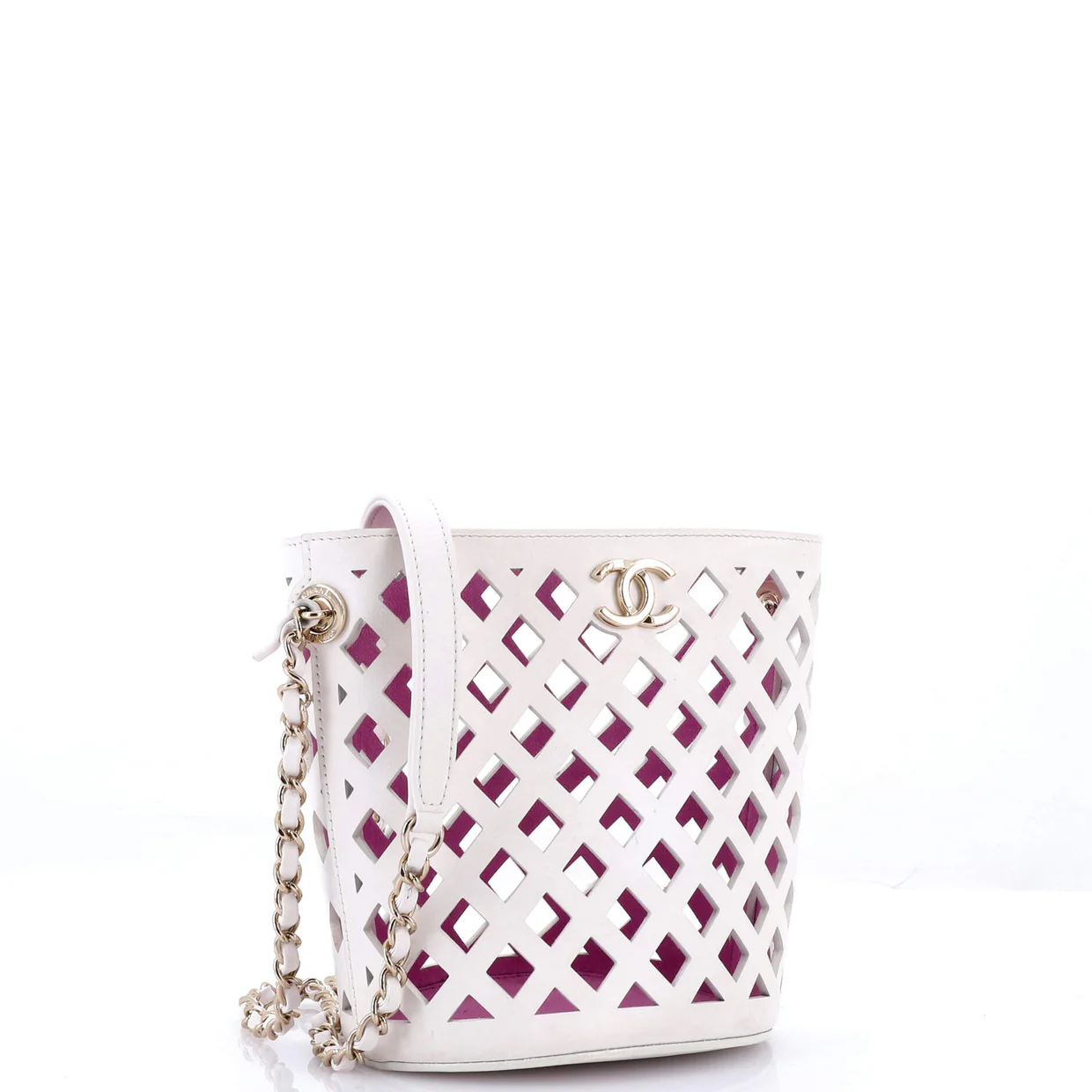 See Through Drawstring Bucket Bag Perforated Leather with Quilted Printed Canvas Small - Deep Luxury