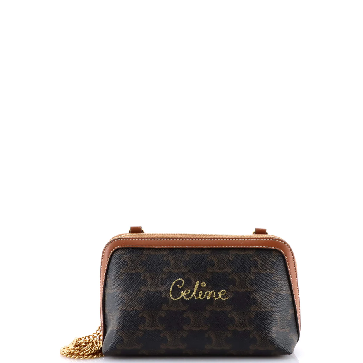 Zip Around Chain Clutch Embroidered Triomphe Coated Canvas - Deep Luxury