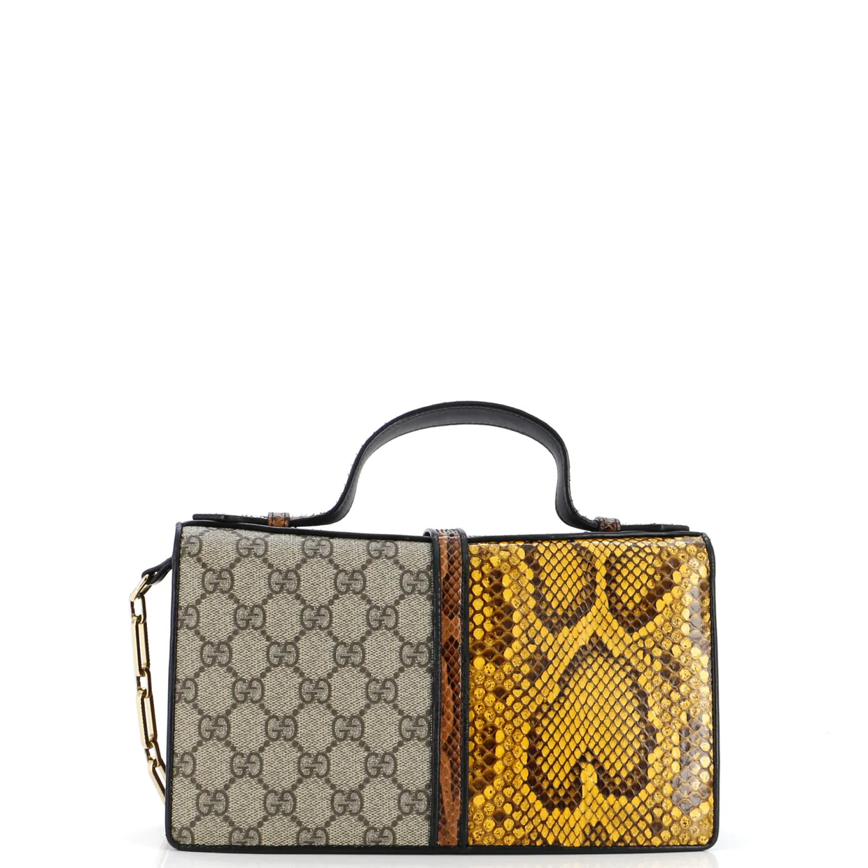 Feline Face Top Handle Bag GG Coated Canvas and Python Small - Deep Luxury