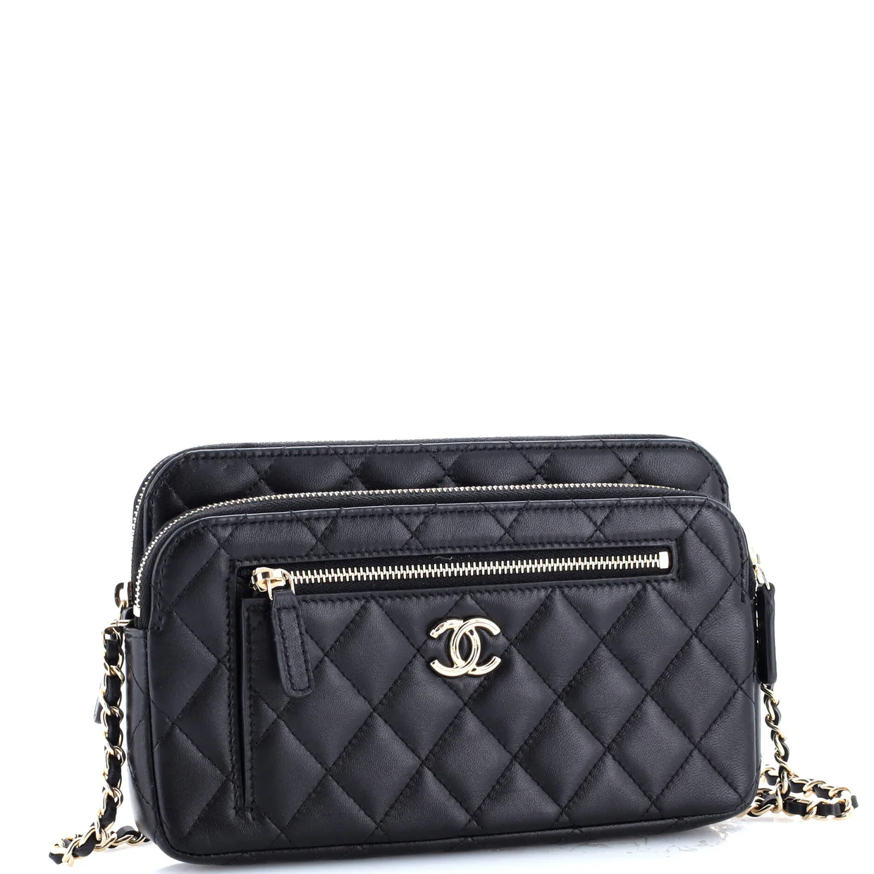 Front Pocket Double Zip Clutch with Chain Quilted Lambskin Small - Deep Luxury