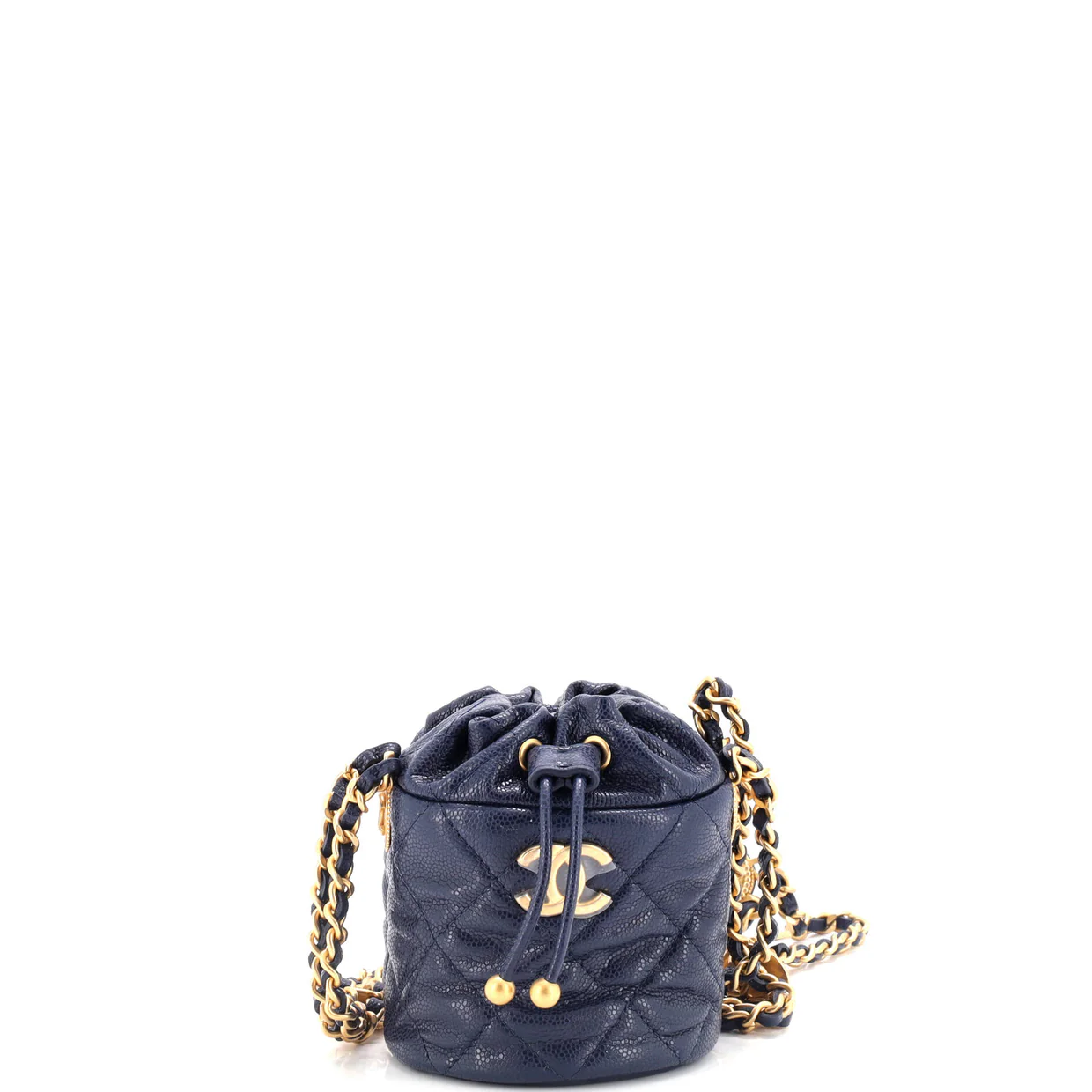 Twist Your Buttons Drawstring Bucket Bag Quilted Caviar Mini - Deep Luxury