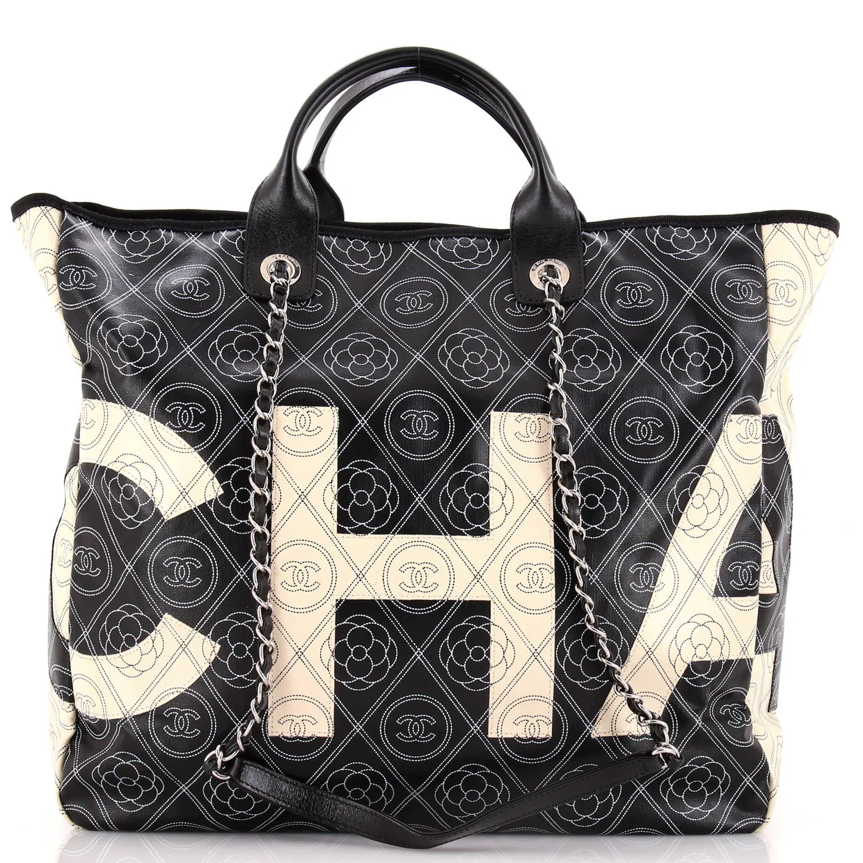 Logo Camellia Shopping Tote Printed Coated Canvas Medium - Deep Luxury