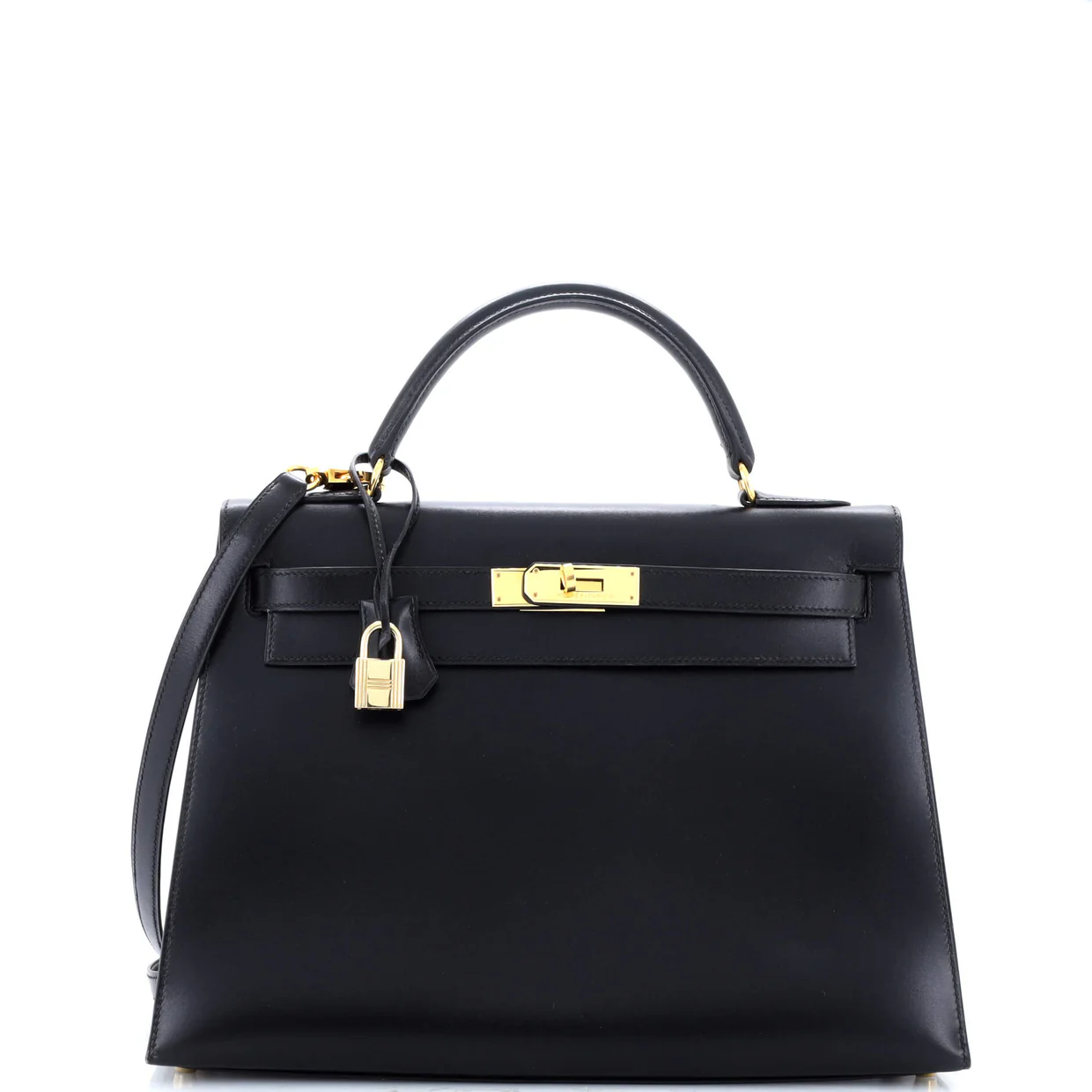 Kelly Handbag Noir Box Calf with Gold Hardware 32 - Deep Luxury