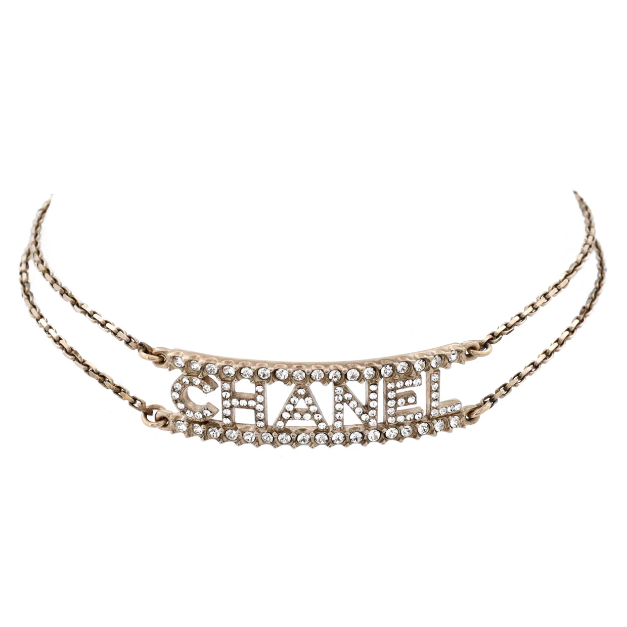 Logo Letters Plate Double Chain Choker Necklace Metal with Crystals - Deep Luxury