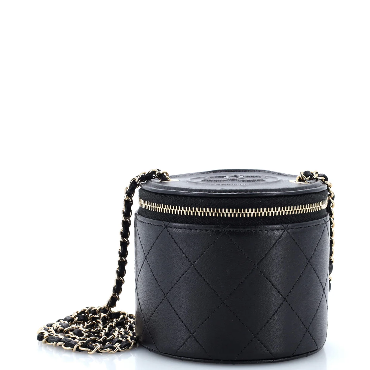 CC Round Vanity Case with Chain Quilted Lambskin Mini - Deep Luxury
