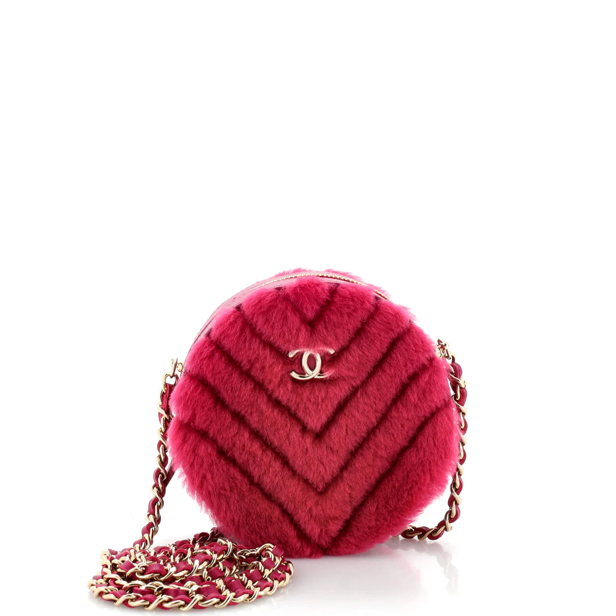 Round Clutch with Chain Chevron Shearling Mini - Deep Luxury