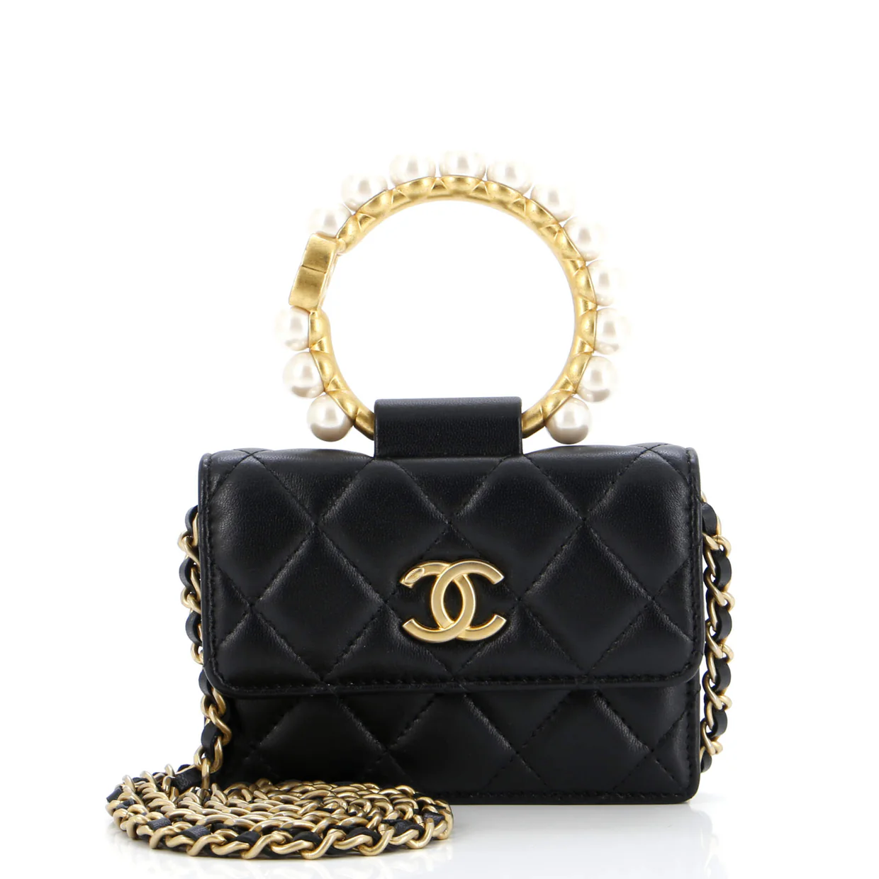 Pearl Crown Clutch with Chain Quilted Lambskin - Deep Luxury