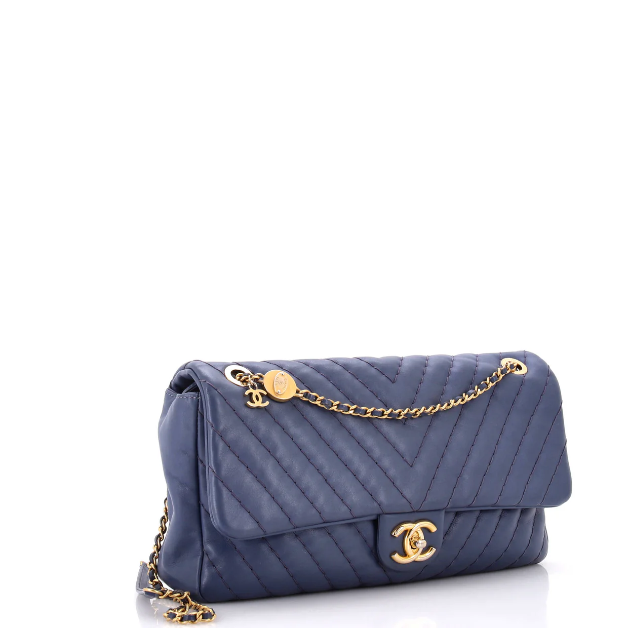 Medallion Charm Flap Bag Chevron Calfskin Jumbo - Deep Luxury