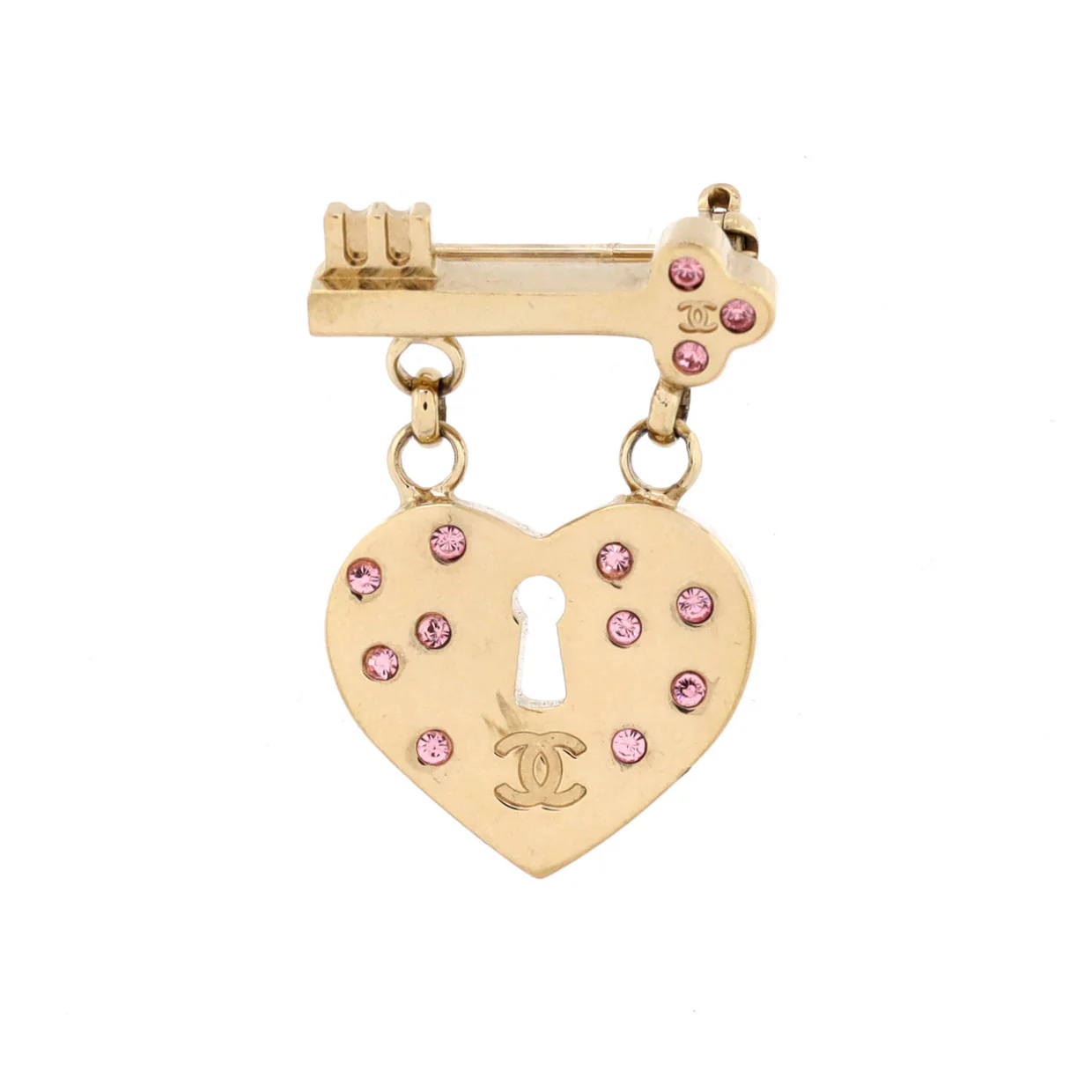 CC Heart Lock and Key Brooch Metal with Crystal - Deep Luxury