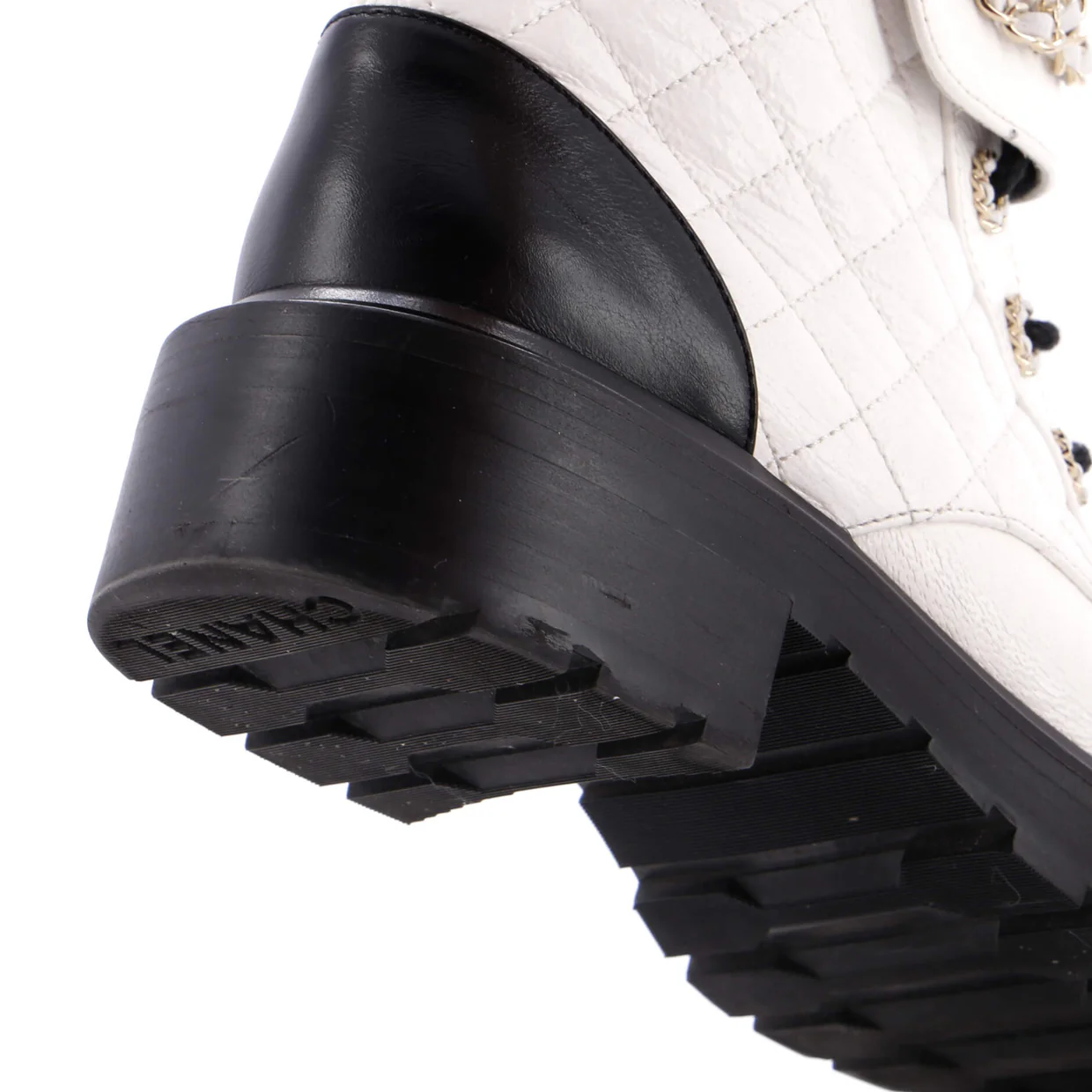 Women's Chain CC Cap Toe Lace Up Combat Boots Quilted Shiny Calfskin - Deep Luxury