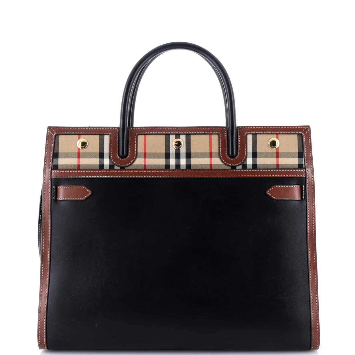 Title Two Handle Tote Leather with Vintage Check Canvas Medium - Deep Luxury