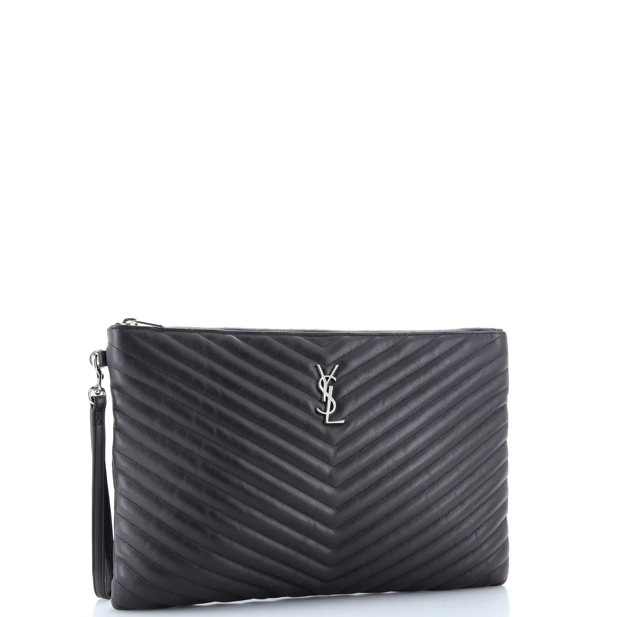 Classic Monogram Wristlet Pouch Matelasse Chevron Leather Large - Deep Luxury