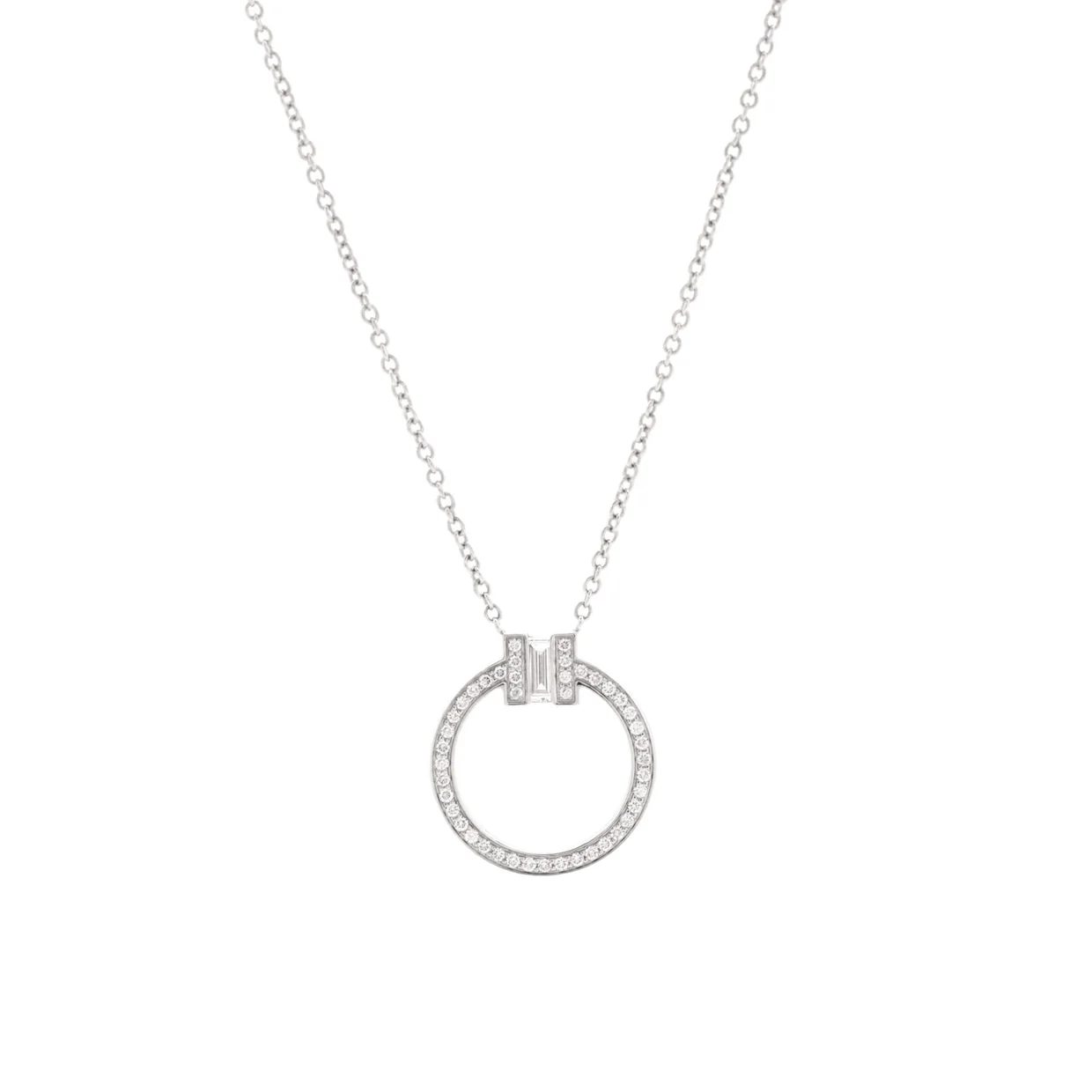 T Circle Pendant Necklace 18K White Gold with Diamonds and Center Baguette Diamond Small - Deep Luxury
