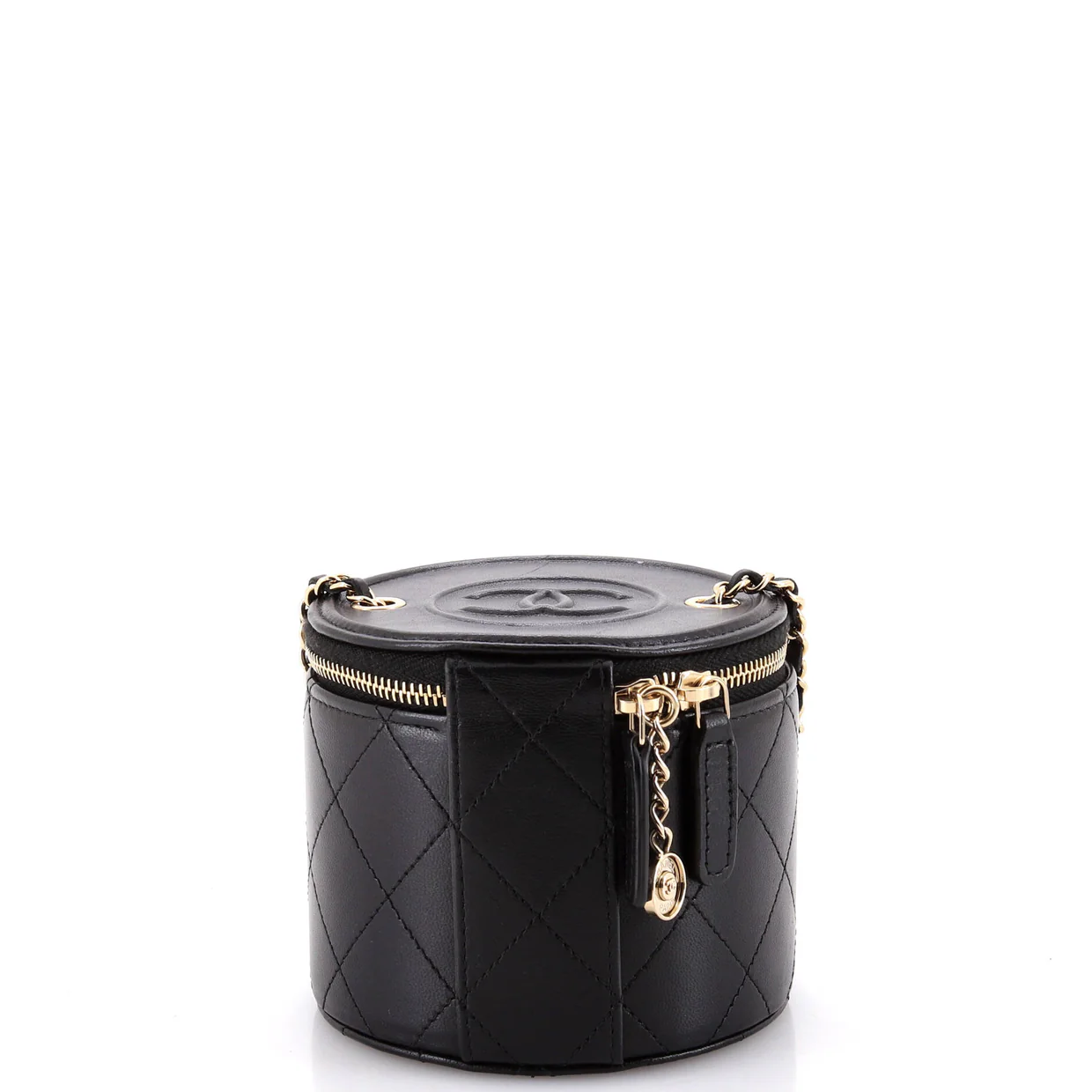 CC Round Vanity Case with Chain Quilted Lambskin Mini - Deep Luxury