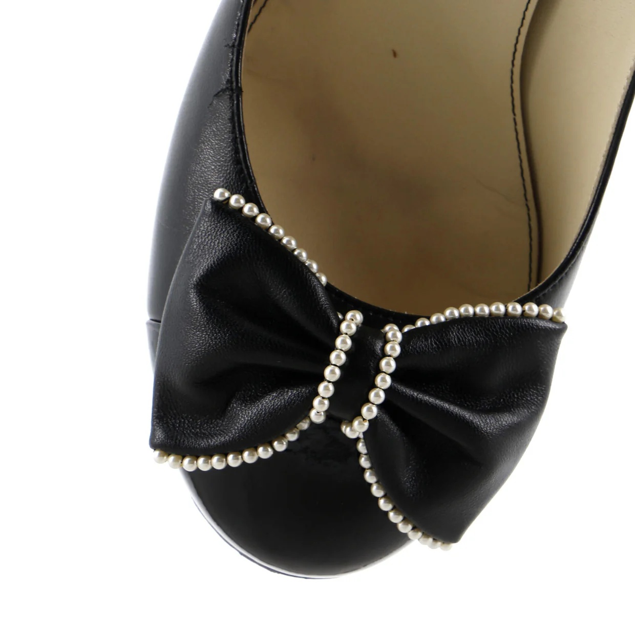 Women's Pearl Bow Cap Toe Pumps Leather with Patent - Deep Luxury