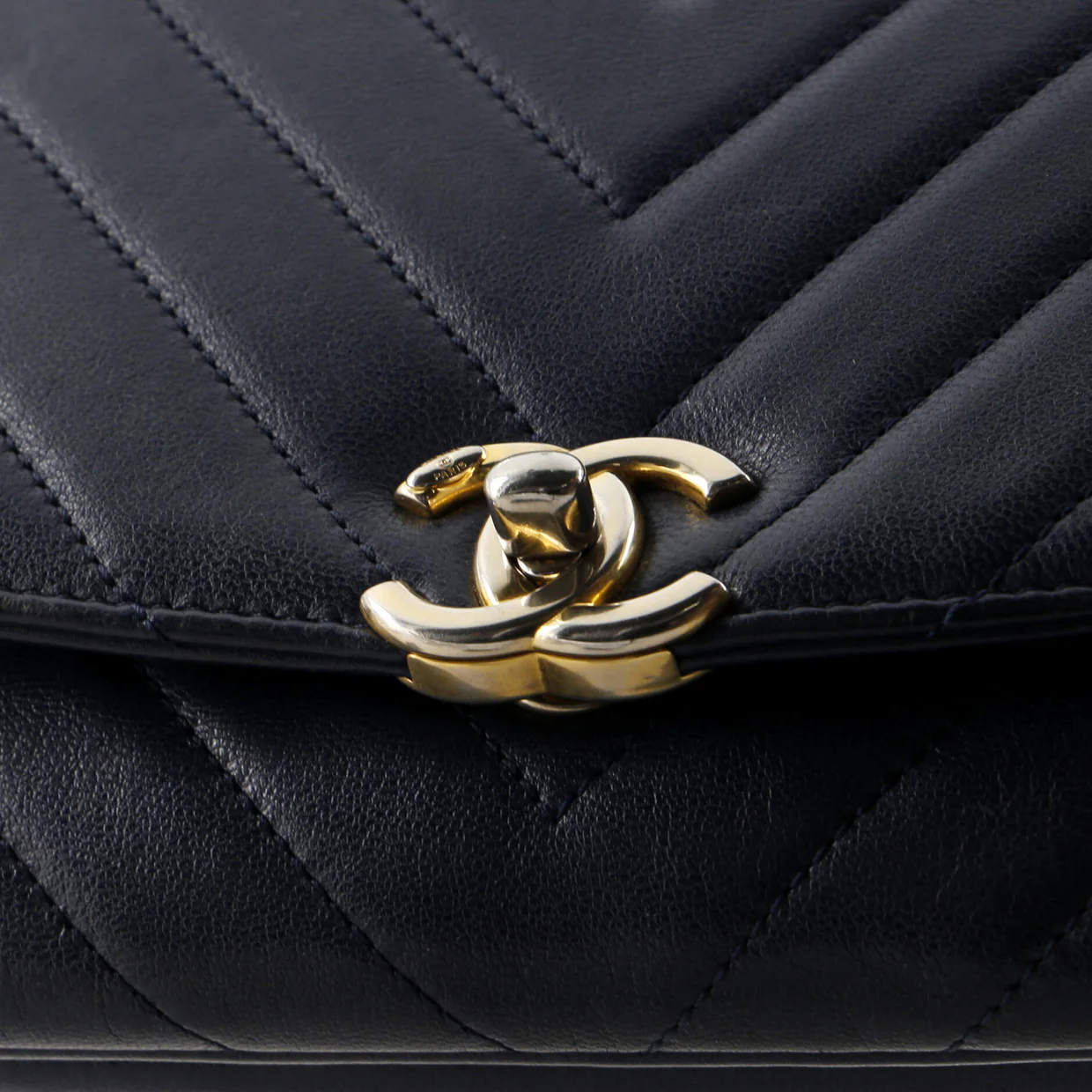 CC Metal Top Handle Flap Bag Chevron Lambskin Small - Deep Luxury