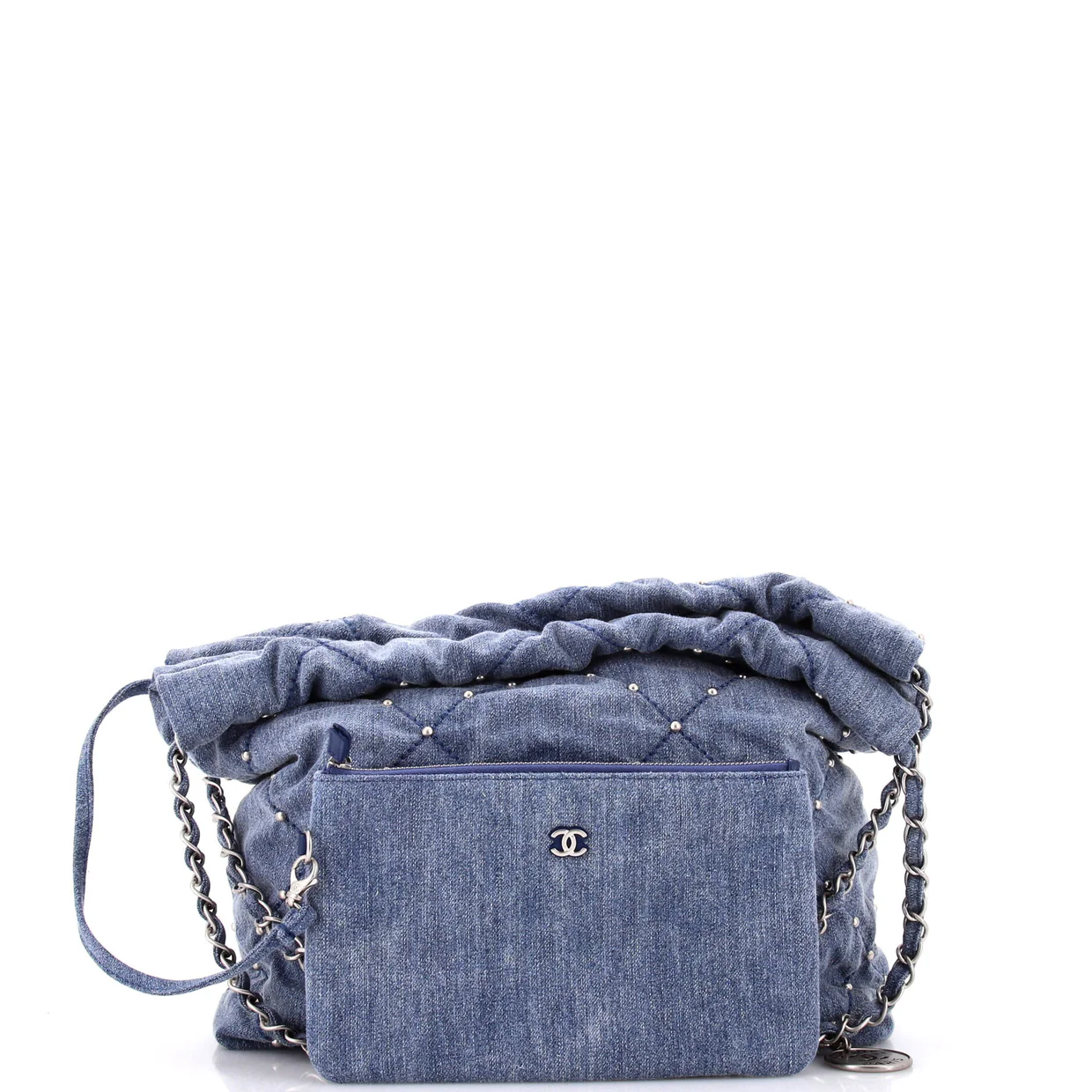 22 Chain Hobo Quilted Studded Denim Small - Deep Luxury