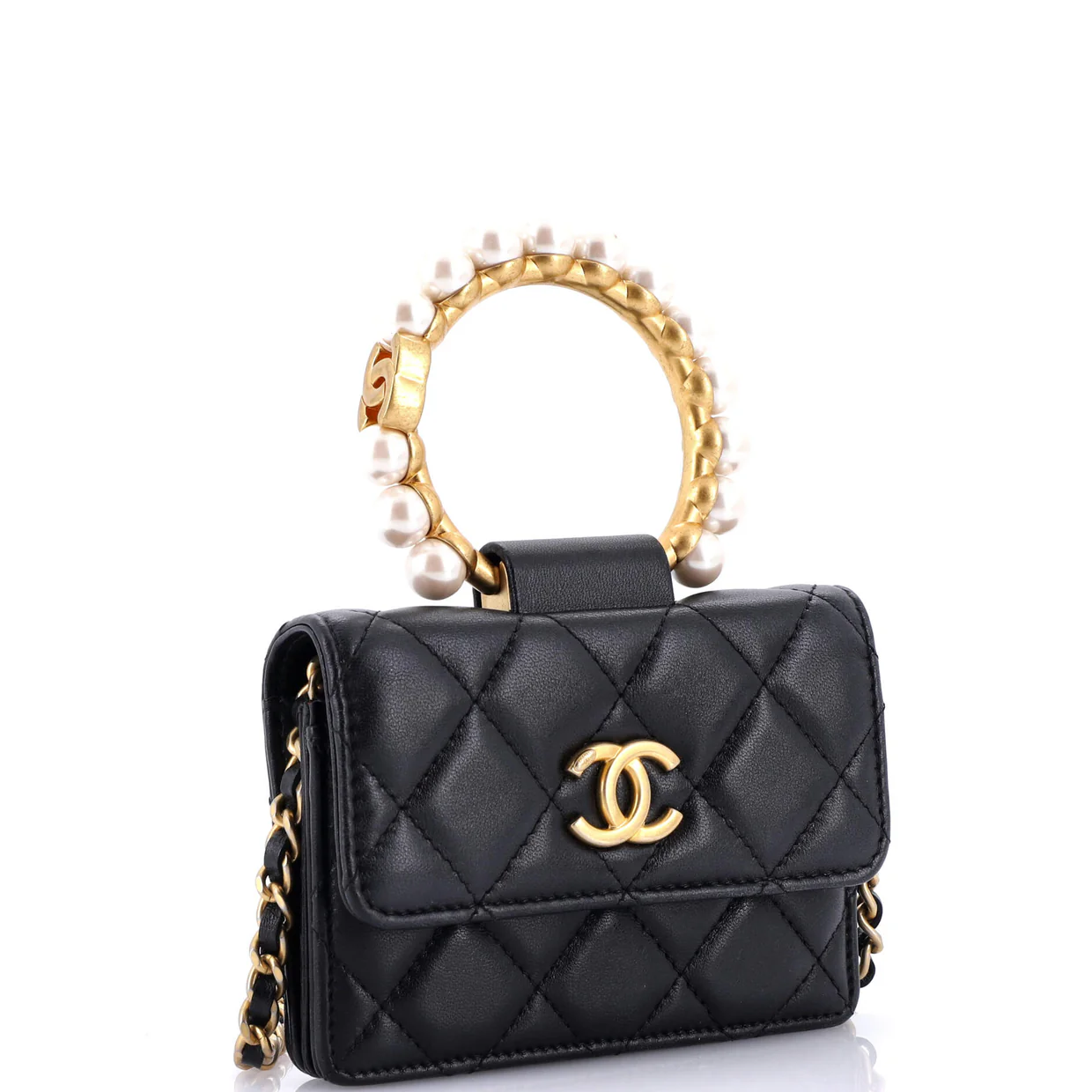 Pearl Crown Clutch with Chain Quilted Lambskin - Deep Luxury