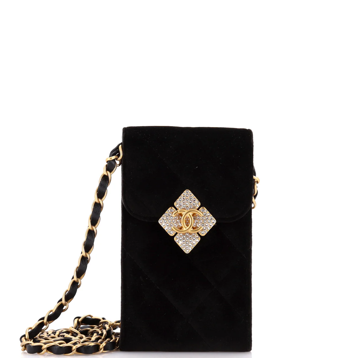Diamond Lock CC Phone Holder with Chain Quilted Velvet with Crystals - Deep Luxury