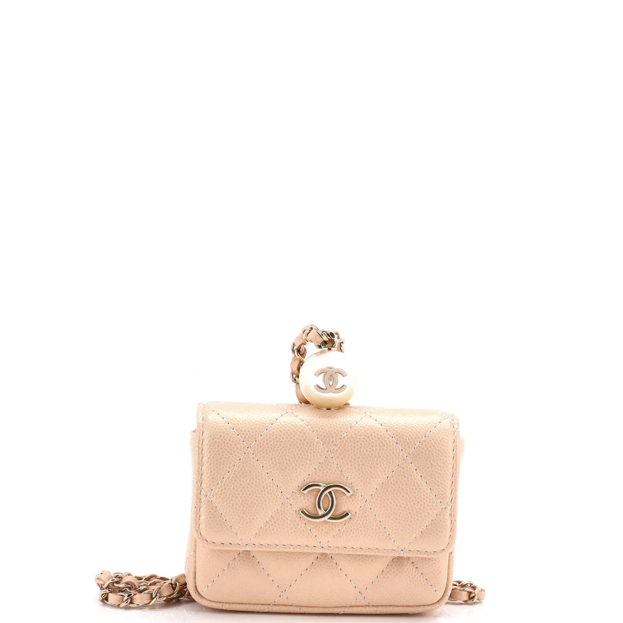 CC Pearl Coin Card Holder with Chain Quilted Caviar - Deep Luxury