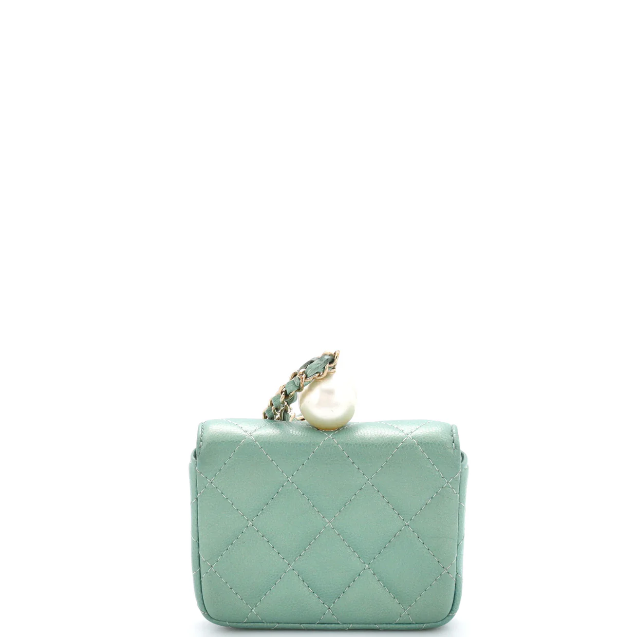 CC Pearl Coin Card Holder with Chain Quilted Iridescent Caviar - Deep Luxury