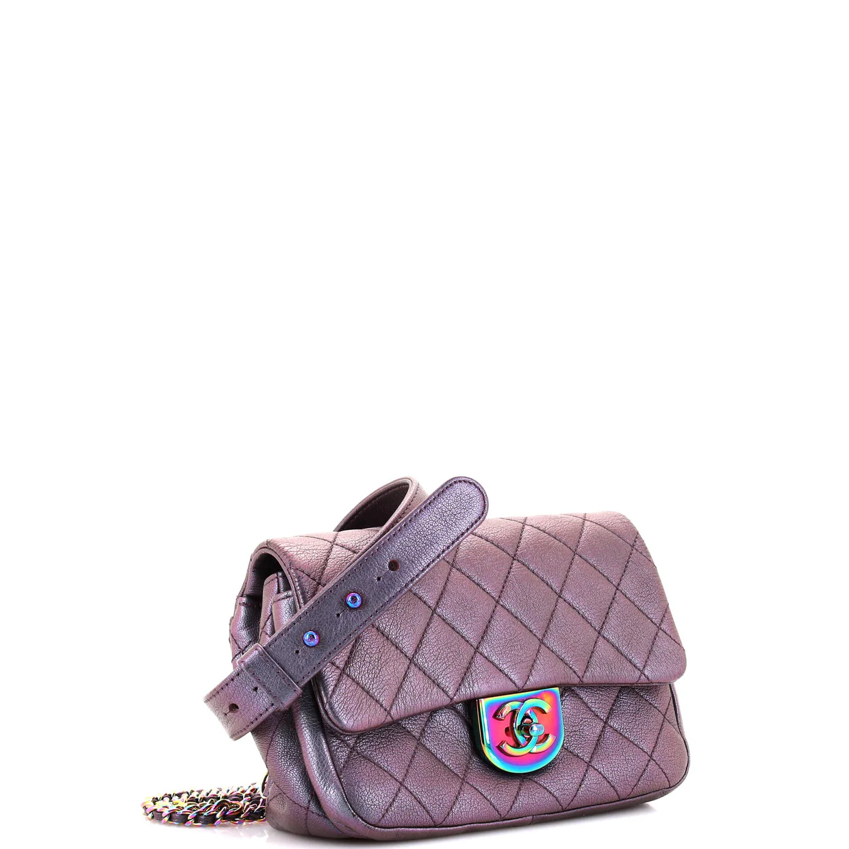 Double Carry Chain Waist Bag Quilted Iridescent Goatskin Small - Deep Luxury