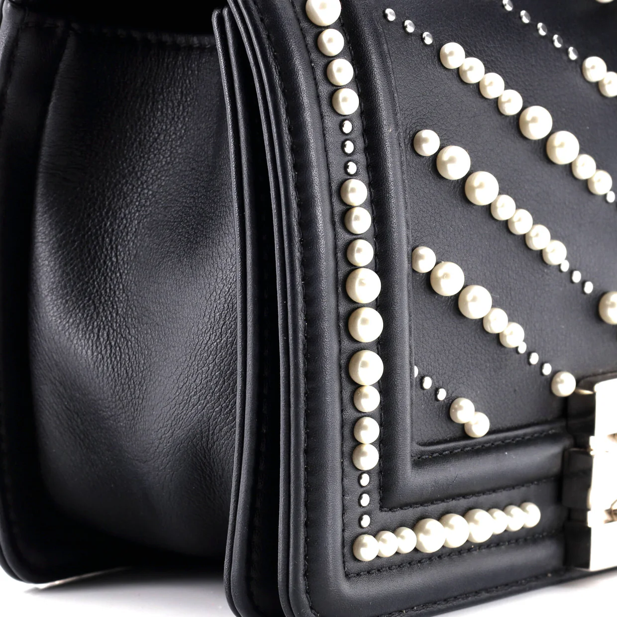 Boy Flap Bag Pearl Embellished Chevron Calfskin Small - Deep Luxury