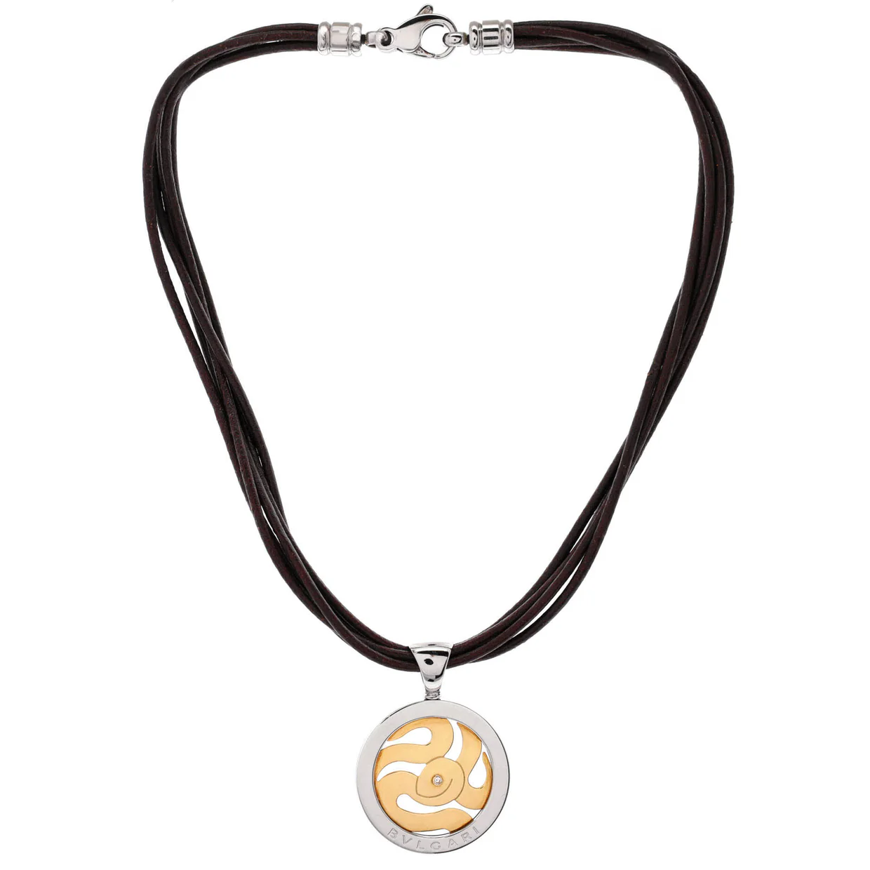 Tondo Snake Pendant Necklace Leather with Stainless Steel and 18K Yellow Gold with Diamond - Deep Luxury