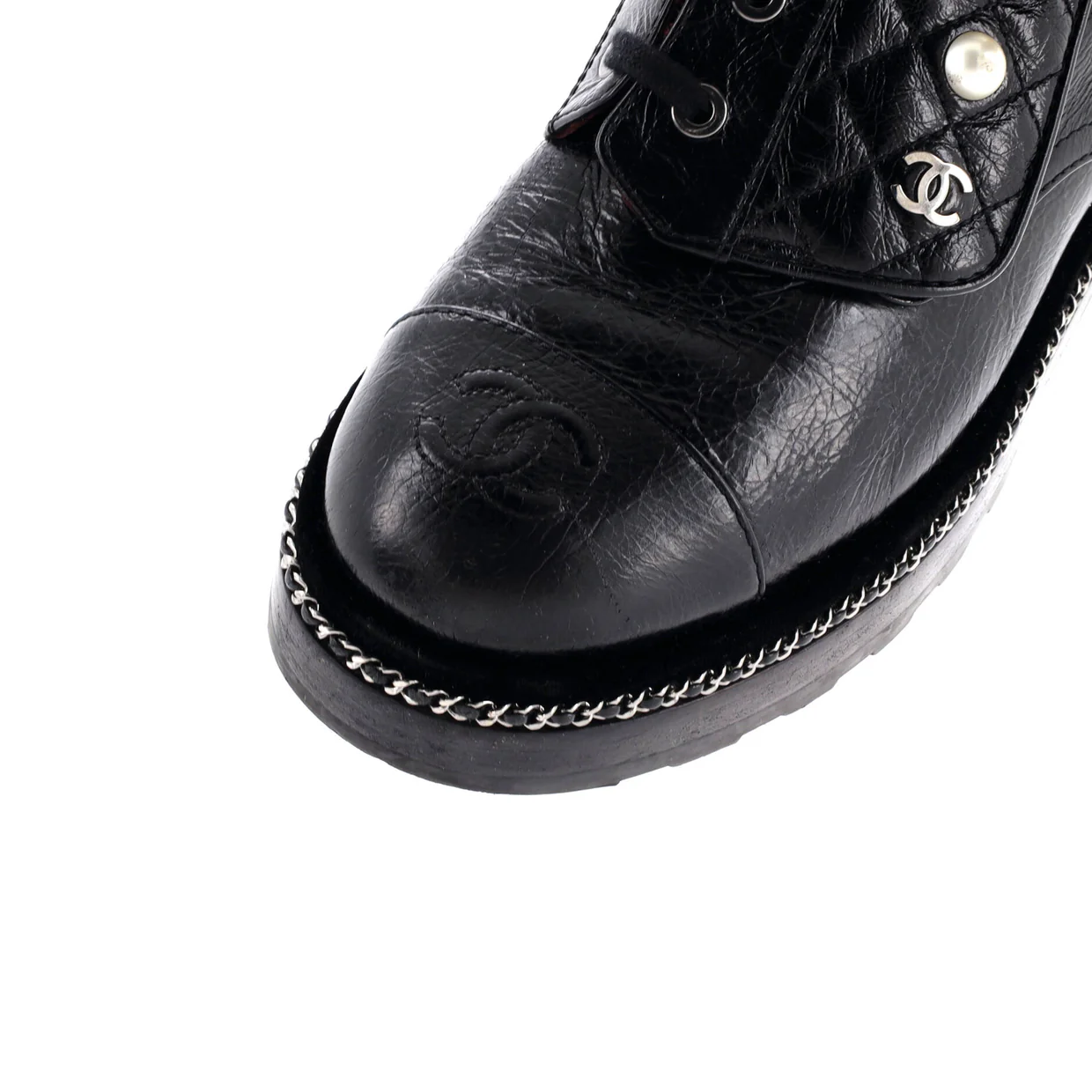 Women's Cap Toe CC Chain Around Pearl Combat Boots Leather - Deep Luxury