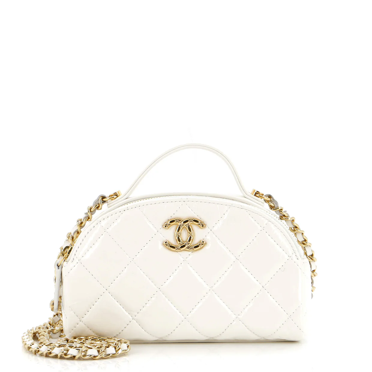 Double Zip Top Handle Vanity Case with Chain Quilted Shiny Calfskin - Deep Luxury