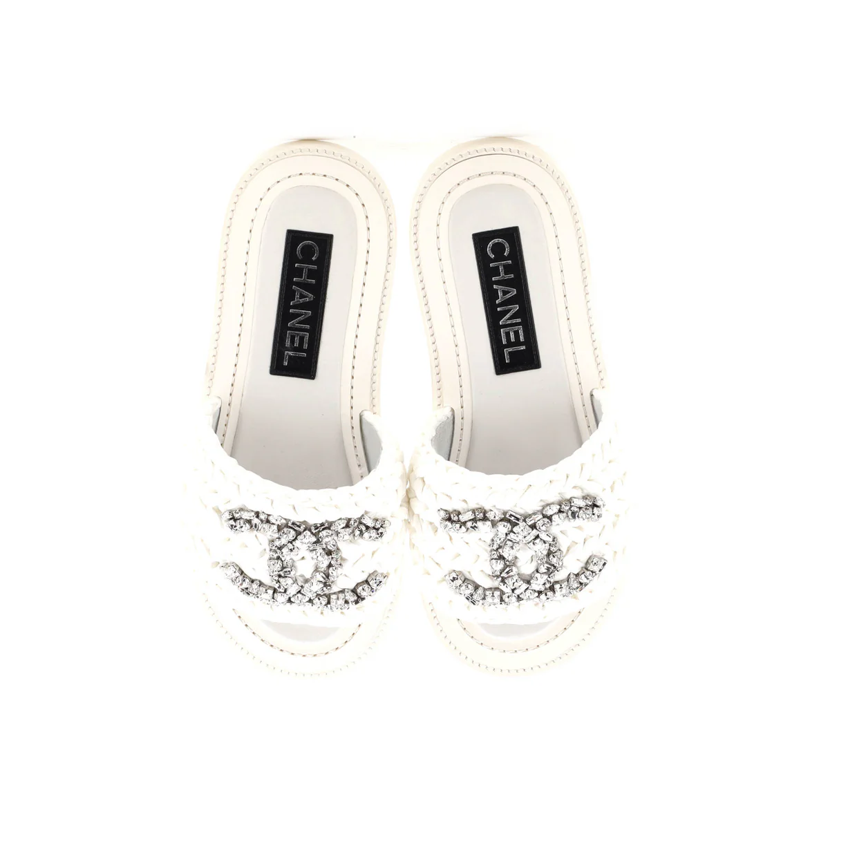 Women's CC Slide Sandals Crystal Embellished Woven Raffia - Deep Luxury