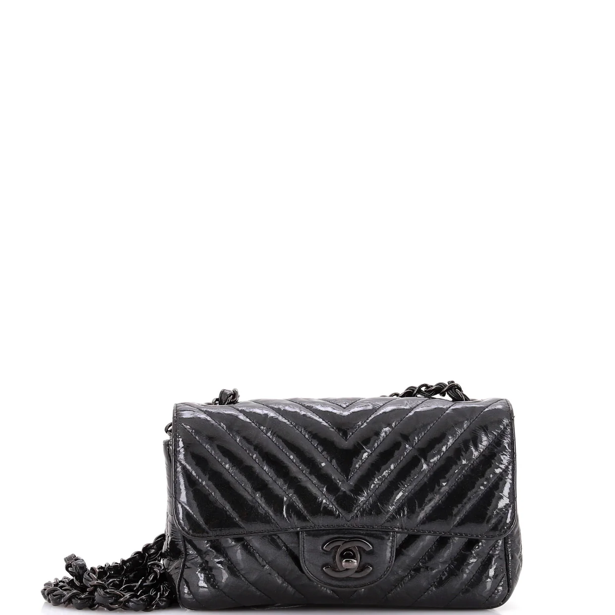 So Black Classic Single Flap Bag Chevron Crumpled Patent Mini - Deep Luxury