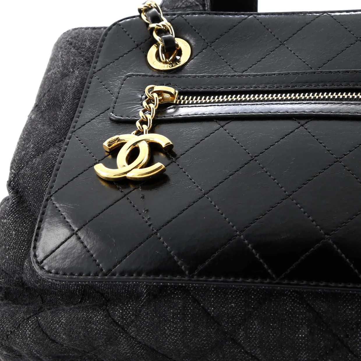 Shopping Tote Quilted Denim with Stitched Calfskin Medium - Deep Luxury